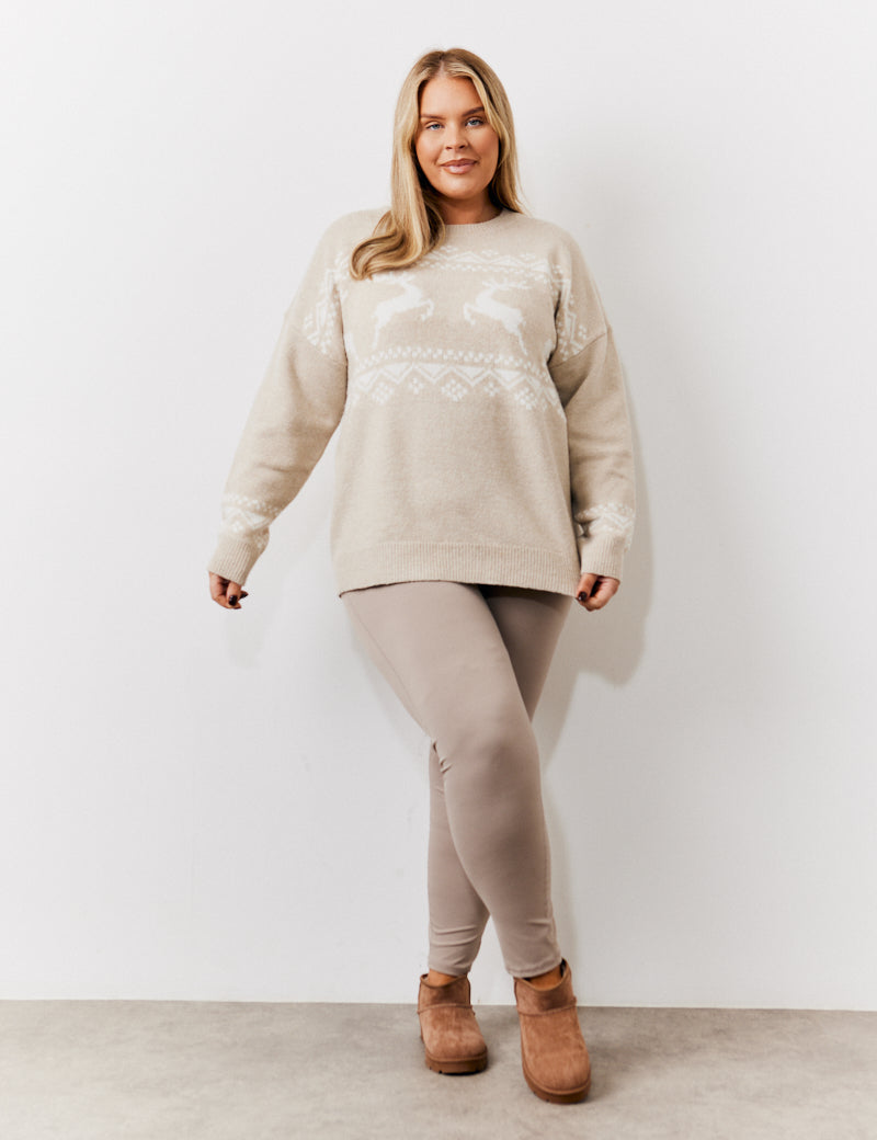 Beige Womens Reindeer Fairisle Knitted Jumper