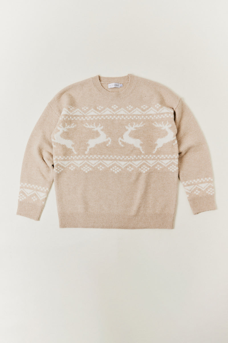 Beige Womens Reindeer Fairisle Knitted Jumper
