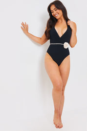 Control Halter Wrap Swimsuit With Removable Corsage Belt