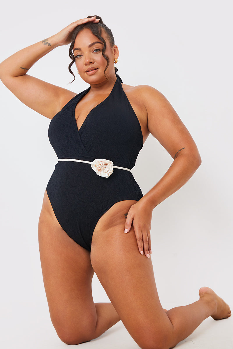 Control Halter Wrap Swimsuit With Removable Corsage Belt