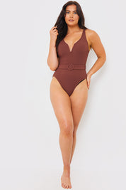 Control Rib Sweetheart Neckline Belted Swimsuit