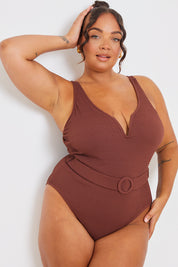 Control Rib Sweetheart Neckline Belted Swimsuit