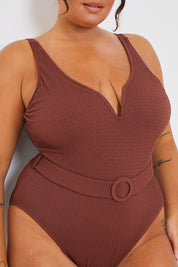 Control Rib Sweetheart Neckline Belted Swimsuit