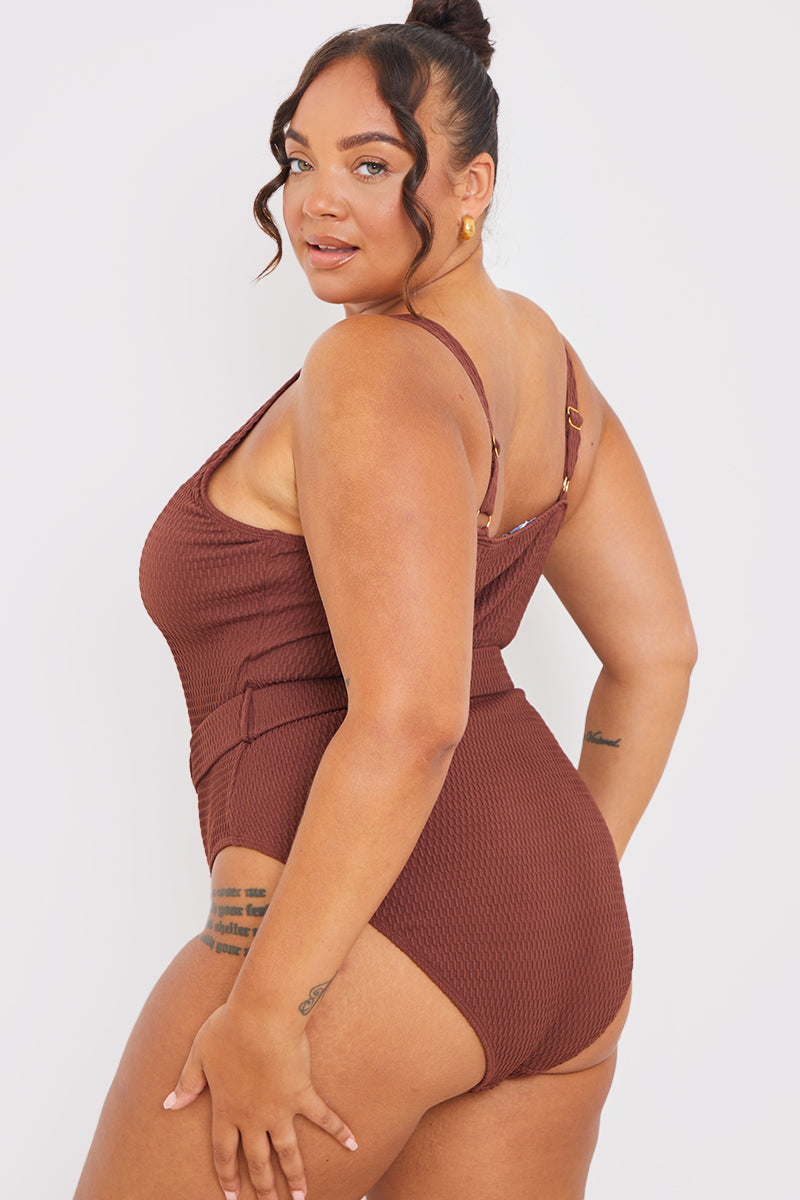 Control Rib Sweetheart Neckline Belted Swimsuit