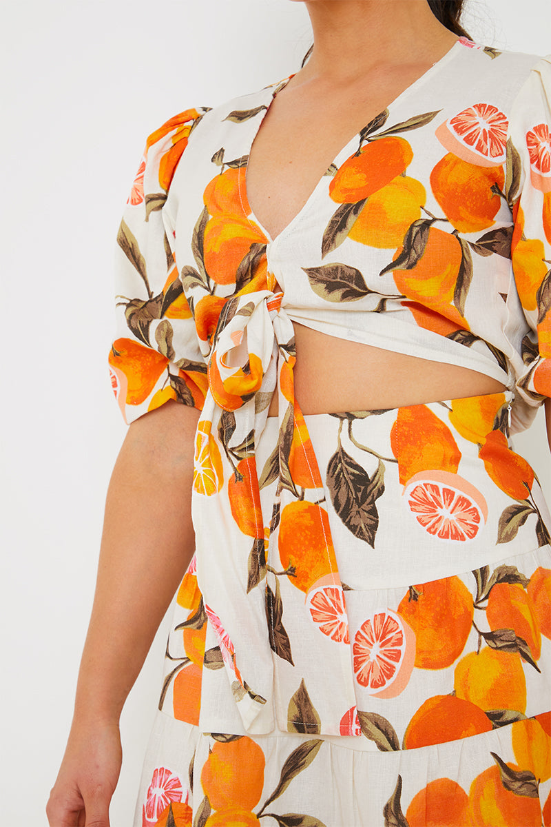 Fruit Printed Tie Front Crop Top