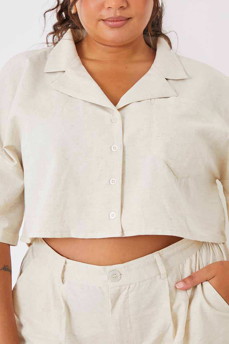 Linen Look Cropped Boxy Shirt