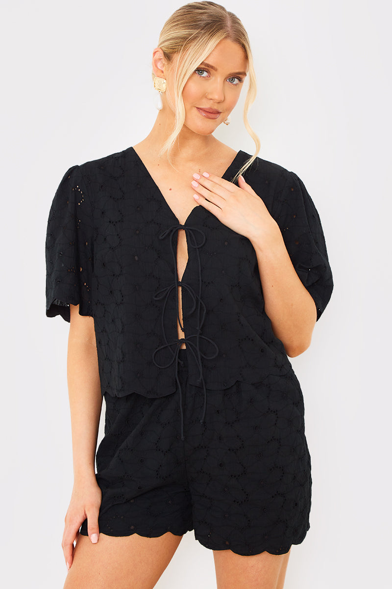 Lace Scallop Edge Detail Tie Front Blouse