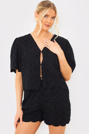 Lace Scallop Edge Detail Tie Front Blouse