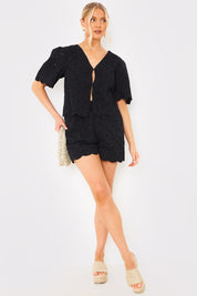 Lace Scallop Edge Detail Tie Front Blouse