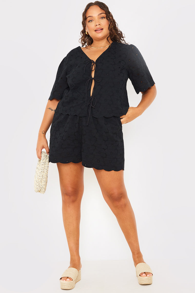 Lace Scallop Edge Detail Tie Front Blouse