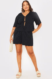 Lace Scallop Edge Detail Tie Front Blouse