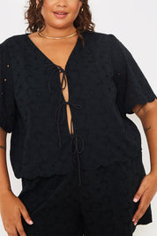 Lace Scallop Edge Detail Tie Front Blouse