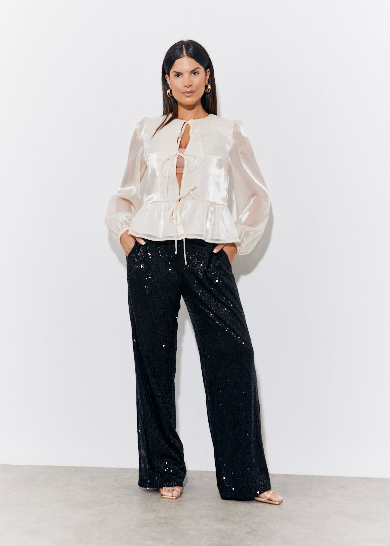 Organza Tie Front Puff Sleeve Top