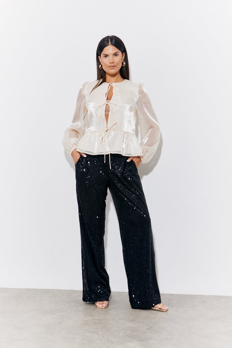 Organza Tie Front Puff Sleeve Top