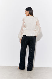 Organza Tie Front Puff Sleeve Top