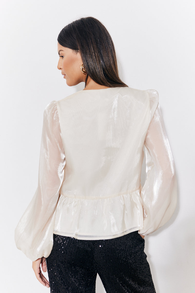 Organza Tie Front Puff Sleeve Top