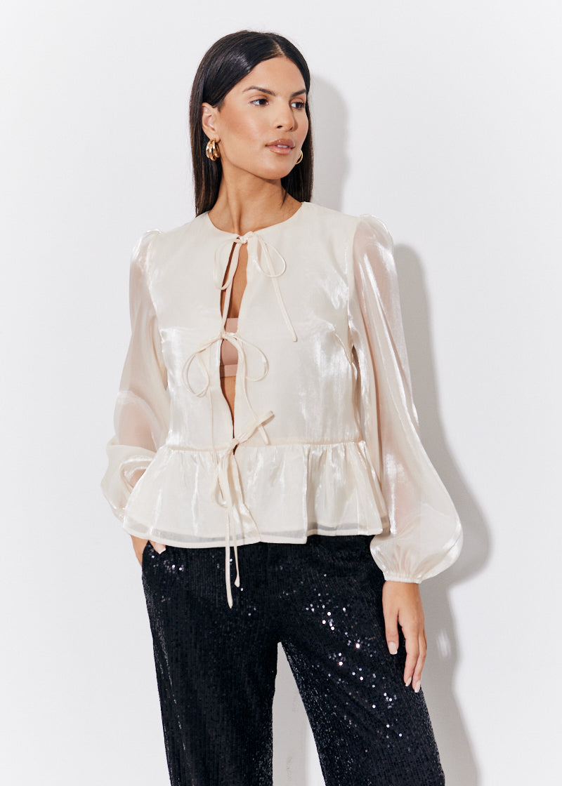 Organza Tie Front Puff Sleeve Top