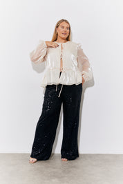 Organza Tie Front Puff Sleeve Top
