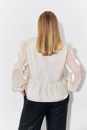 Organza Tie Front Puff Sleeve Top