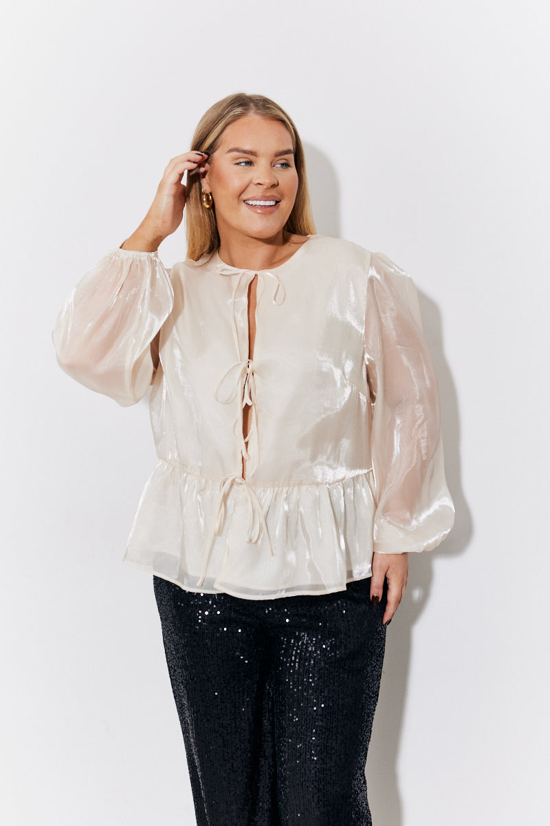 Organza Tie Front Puff Sleeve Top