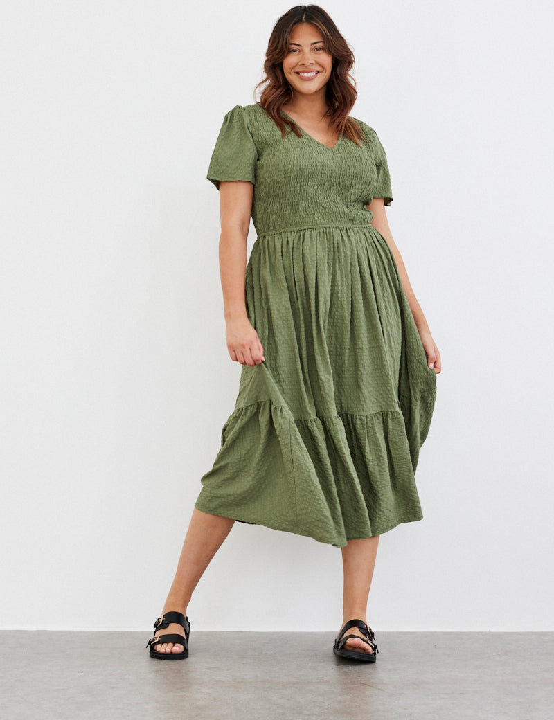 Shirred Body Flutter Sleeve Midaxi Dress