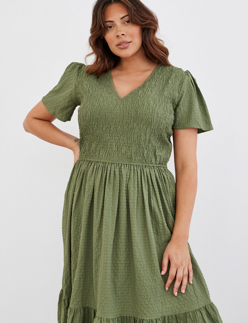 Shirred Body Flutter Sleeve Midaxi Dress