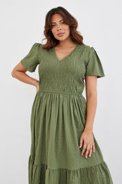 Shirred Body Flutter Sleeve Midaxi Dress