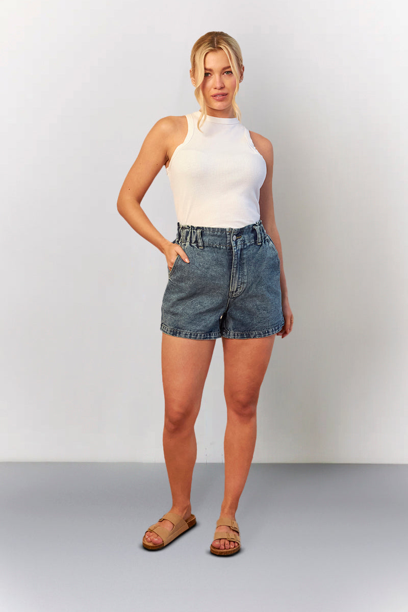 Mid Blue Denim Paper Bag Shorts