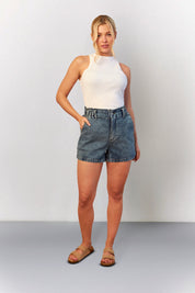 Mid Blue Denim Paper Bag Shorts