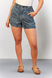 Mid Blue Denim Paper Bag Shorts