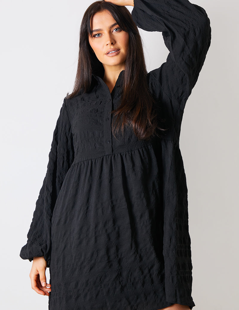 Textured Button Through Collared Smock Dress 