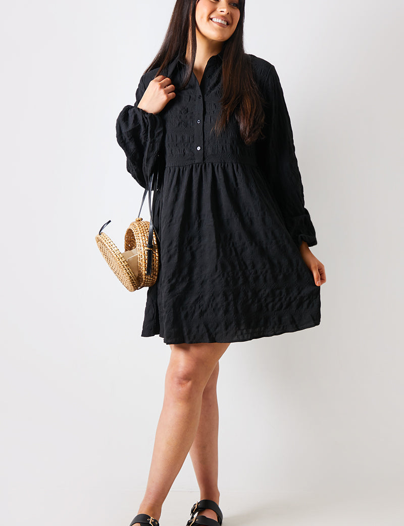 Textured Button Through Collared Smock Dress 