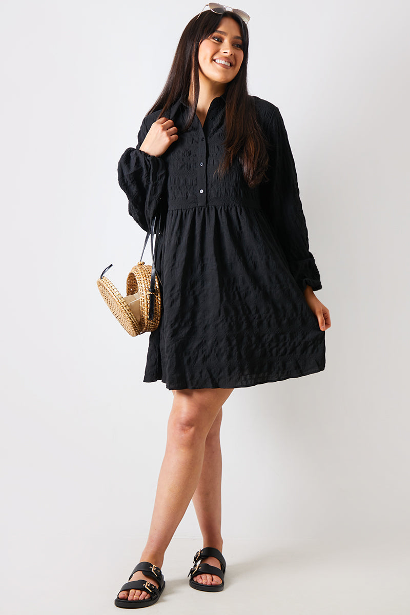 Textured Button Through Collared Smock Dress 