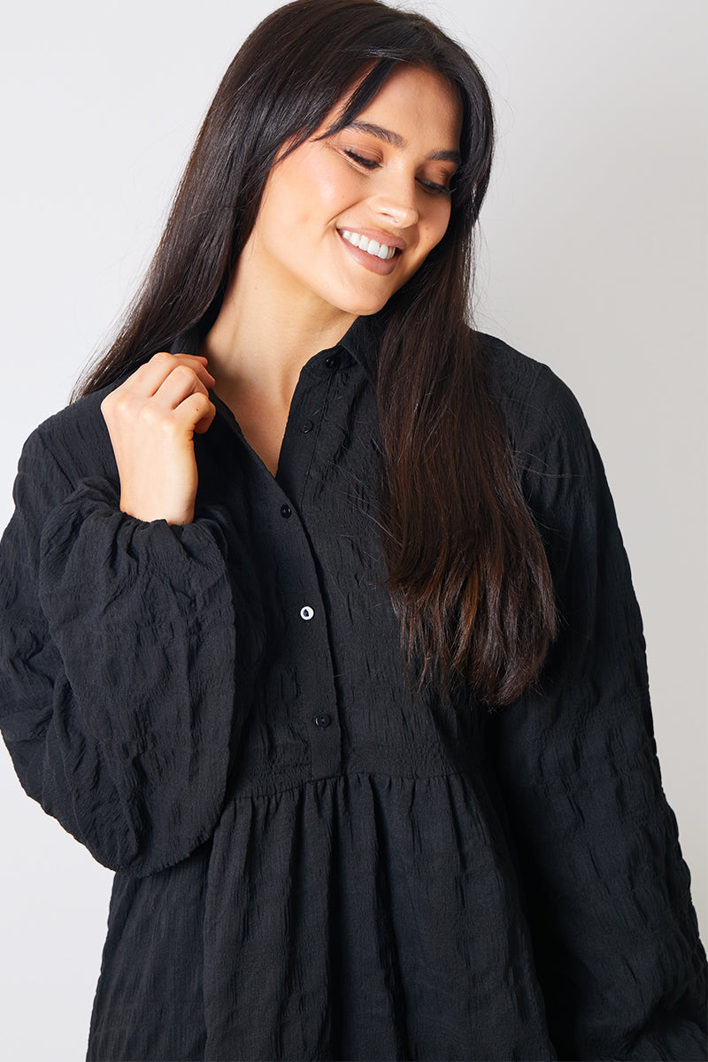 Textured Button Through Collared Smock Dress 