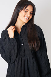 Textured Button Through Collared Smock Dress 