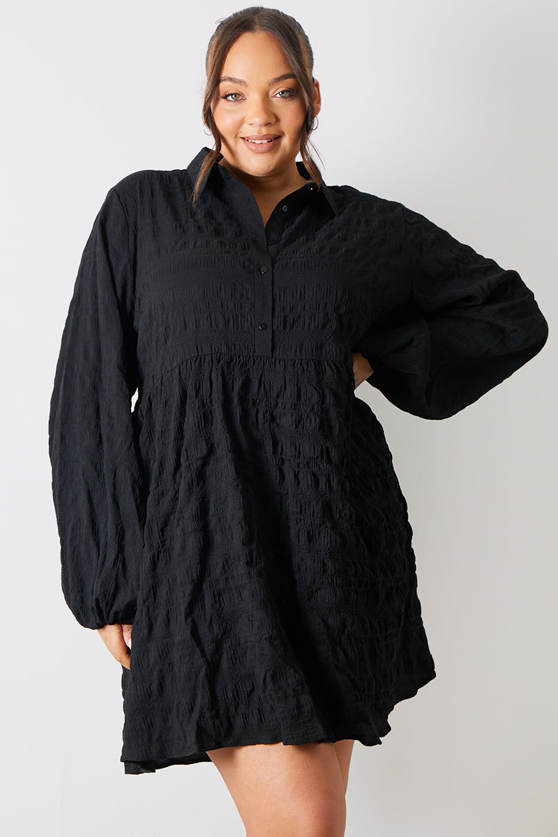 Textured Button Through Collared Smock Dress 