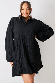 Textured Button Through Collared Smock Dress 