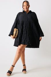 Textured Button Through Collared Smock Dress 