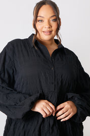 Textured Button Through Collared Smock Dress 
