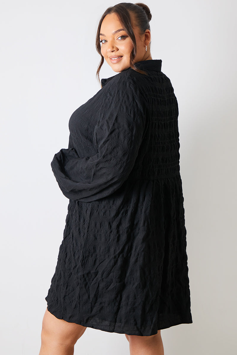 Textured Button Through Collared Smock Dress 