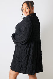 Textured Button Through Collared Smock Dress 
