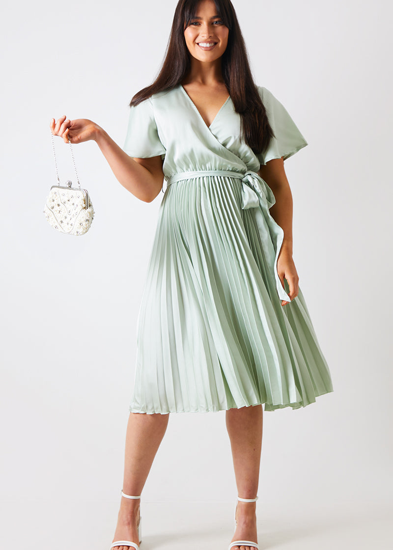 Angel Sleeve Pleated Wrap Midi Dress