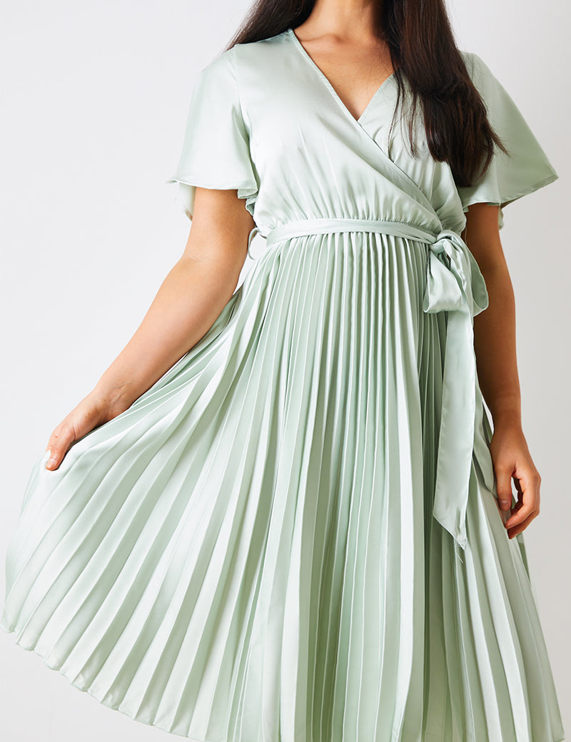 Angel Sleeve Pleated Wrap Midi Dress