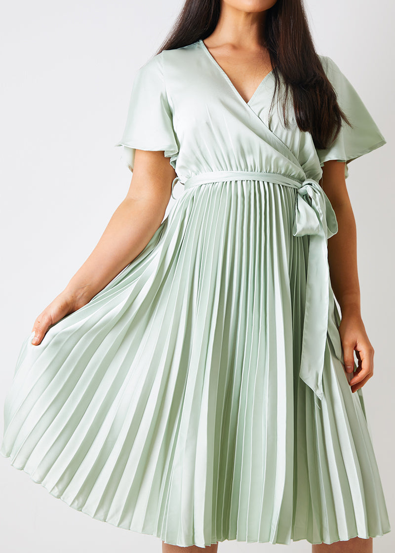 Angel Sleeve Pleated Wrap Midi Dress