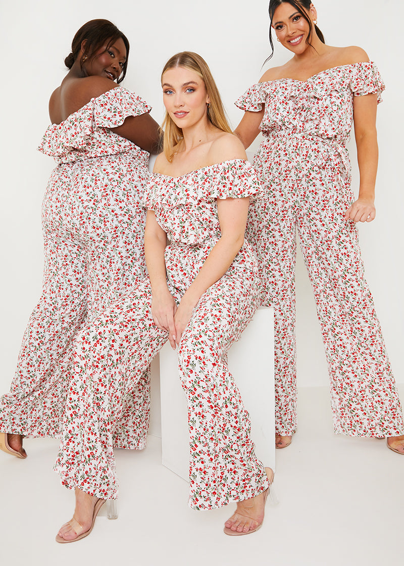 Ditsy Floral Print Wrap Bardot Jumpsuit