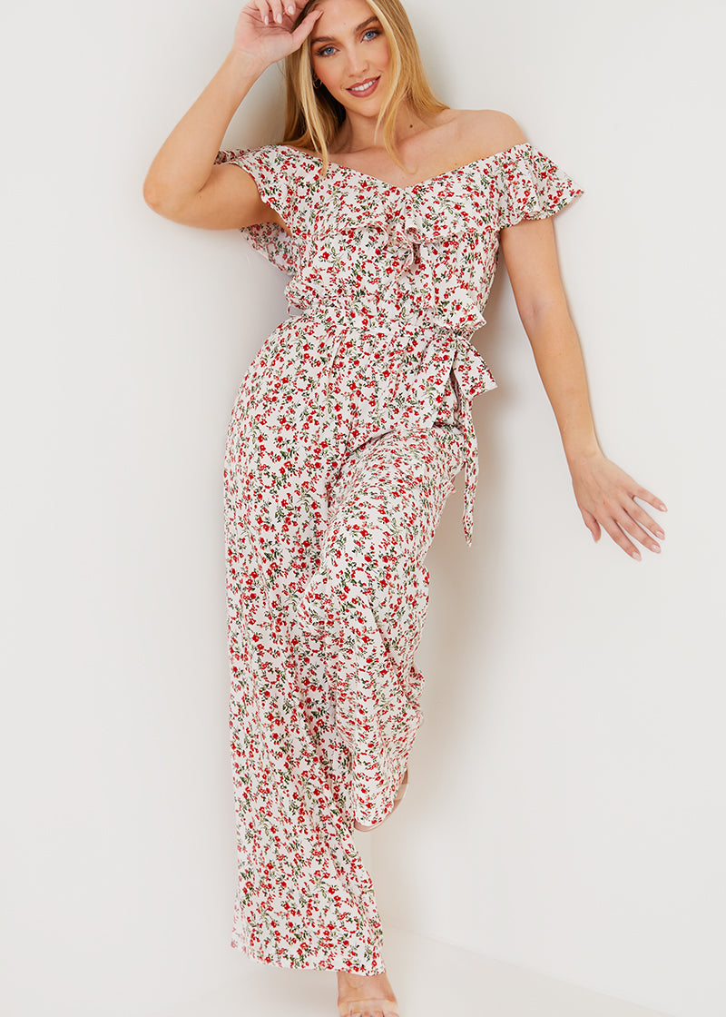 Ditsy Floral Print Wrap Bardot Jumpsuit