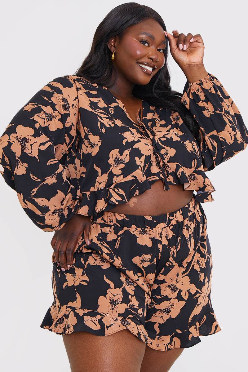 Abstract Floral Frill Co-Ord Shorts - InTheStyle