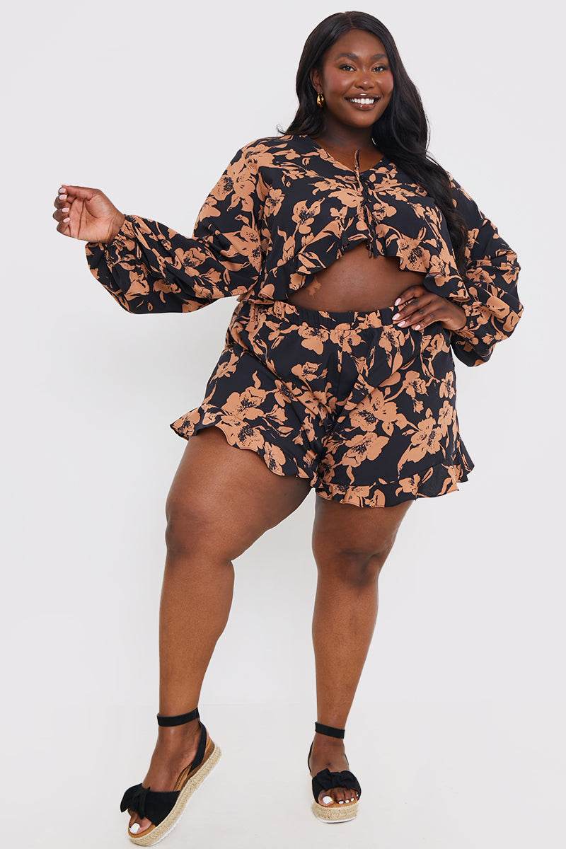 Abstract Floral Frill Co-Ord Shorts - InTheStyle