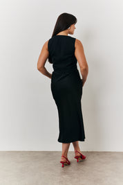 Midi Satin Slip Skirt with Tie Waist