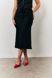 Midi Satin Slip Skirt with Tie Waist